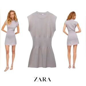 Zara Ruched Waist Knit Dress Grey Seamless Mini Dress Size Large NWT 4 0439
